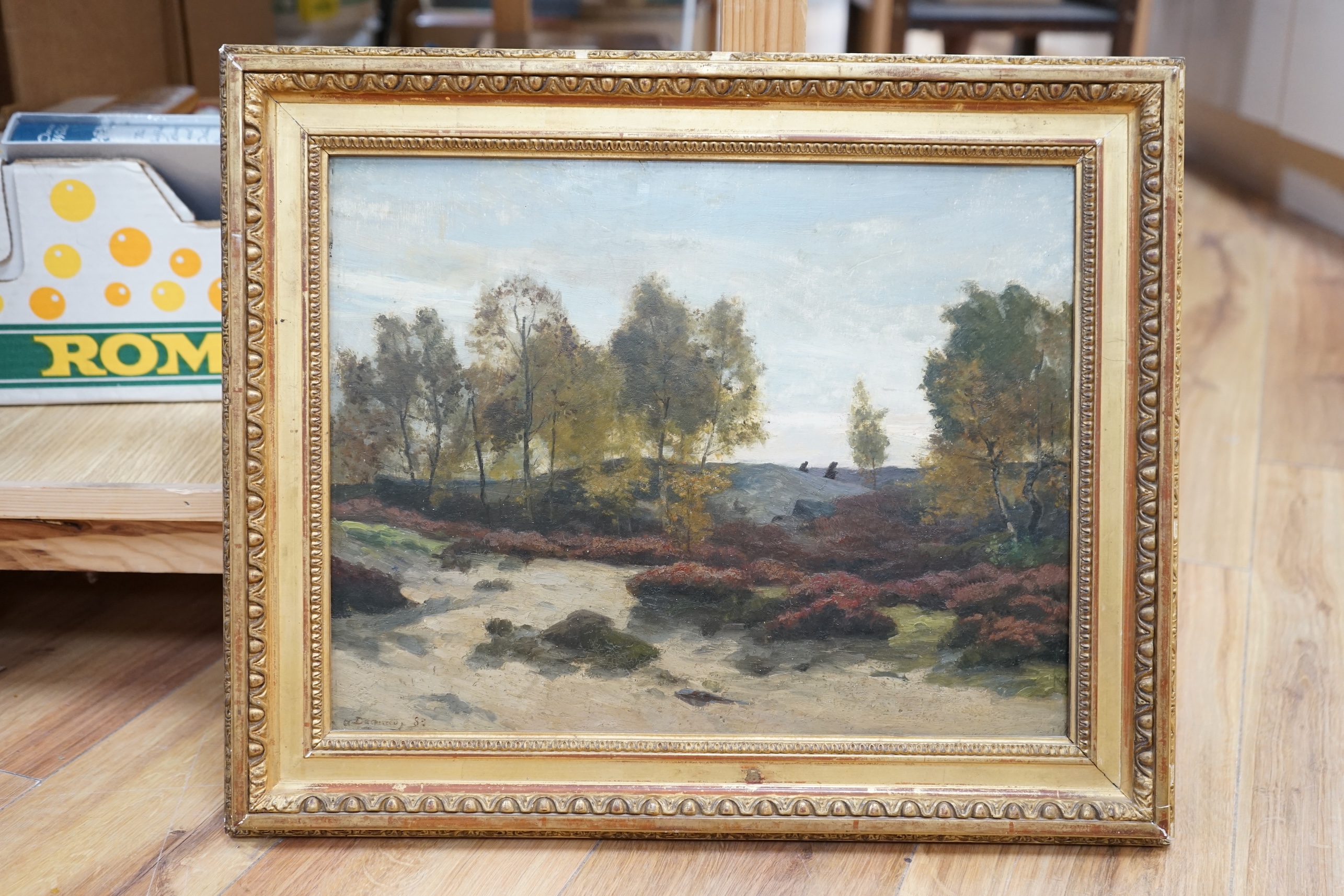 Albert Dagnaux (French, 1861-1933), oil on board, Rural landscape, signed and dated '83, 30 x 39.5cm, gilt framed. Condition - good